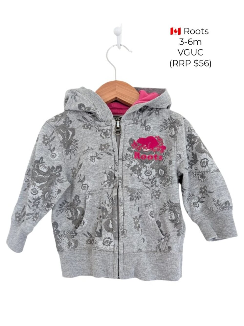 Roots Floral Grey & Pink Zip-Up Hoodie 3-6m Girls Clothes